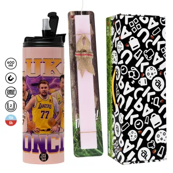 Luka Doncic Basketball , Easter candle,Travel Tumbler 2 Lids, with metal straw & cleaning brush & aromatic flat candle (30cm) (PINK)