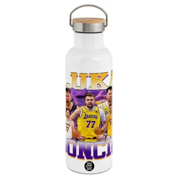 Luka Doncic Basketball , Μεταλλικό παγούρι θερμός (Stainless steel) Λευκό με ξύλινο καπάκι (bamboo), διπλού τοιχώματος, 750ml