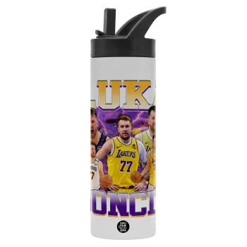 Luka Doncic Basketball , Μεταλλικό παγούρι θερμός με καλαμάκι & χειρολαβή, ανοξείδωτο ατσάλι (Stainless steel 304), διπλού τοιχώματος, 600ml