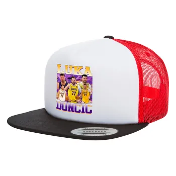Luka Doncic Basketball , Καπέλο Ενηλίκων Foam Flat Snapback με Δίχτυ Μαύρο-Λευκό-Κόκκινο (POLYESTER, ΕΝΗΛΙΚΩΝ, UNISEX, ONE SIZE)