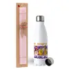 Easter Set, metallic stainless steel water bottle (750ml) & scented flat Easter candle (30cm) (PINK)