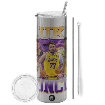 Luka Doncic Basketball , Tumbler ποτήρι θερμό Ασημένιο από ανοξείδωτο ατσάλι 600ml, με μεταλλικό καλαμάκι & βούρτσα καθαρισμού