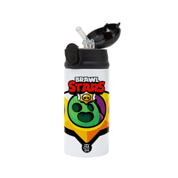 Brawl Stars Spike, Children's hot water bottle, stainless steel, with safety straw, Black (360ml) BPA-FREE