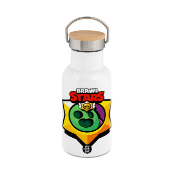 Brawl Stars Spike, Μεταλλικό παγούρι θερμός (Stainless steel) Λευκό με ξύλινο καπακι (bamboo), διπλού τοιχώματος, 350ml
