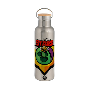 Brawl Stars Spike, Μεταλλικό παγούρι θερμός (Stainless steel) Ασημένιο με ξύλινο καπακι (bamboo), διπλού τοιχώματος, 750ml