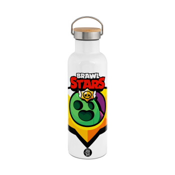 Brawl Stars Spike, Μεταλλικό παγούρι θερμός (Stainless steel) Λευκό με ξύλινο καπάκι (bamboo), διπλού τοιχώματος, 750ml