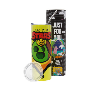 Brawl Stars Spike, Neon Yellow Travel Tumbler θερμό, μεταλλικό καλαμάκι(Ανωξείδωτο 304 Food grade, BPA free, 600ml)