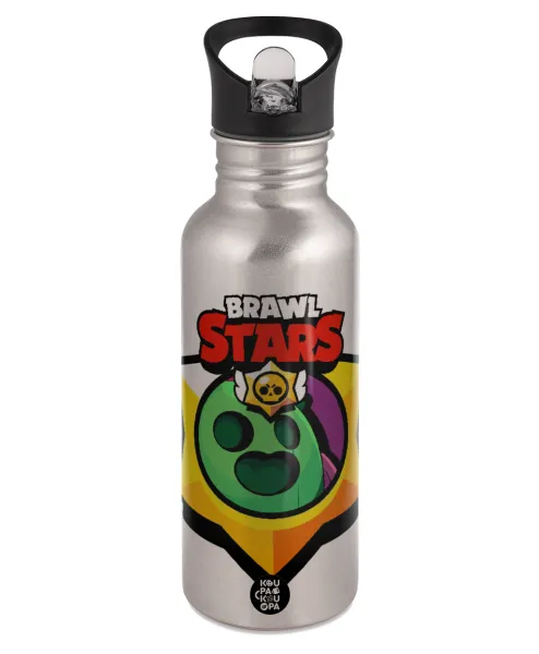 Brawl Stars Spike — Παγούρι νερού Ασημένιο με καλαμάκι, ανοξείδωτο ατσάλι 600ml