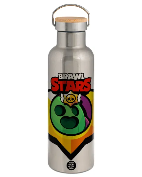 Brawl Stars Spike — Stainless steel Silver with wooden lid (bamboo), double wall, 750ml