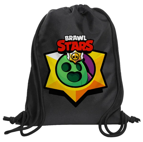 Brawl Stars Spike — Τσάντα πλάτης πουγκί GYMBAG Μαύρη, με τσέπη (40x48cm) & χονδρά κορδόνια