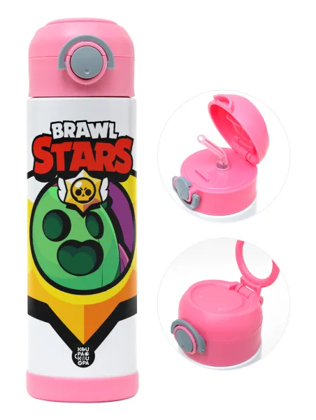 Brawl Stars Spike — Children's hot water bottle, stainless steel, with safety straw, PINK (500ml)