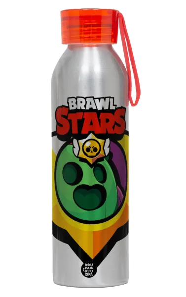 Brawl Stars Spike — Aluminum Sports Bottle 650ml – Silver with Red Cap and Silicone Strap