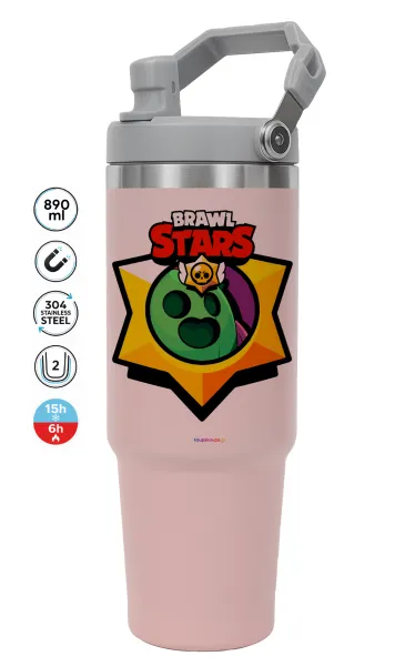 Brawl Stars Spike — ΡΟΖ Travel Tumbler Θερμός με χερούλι και καλαμάκι 890ml