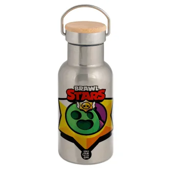 Brawl Stars Spike, Μεταλλικό παγούρι θερμός (Stainless steel) Ασημένιο με ξύλινο καπακι (bamboo), διπλού τοιχώματος, 350ml