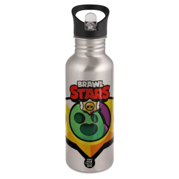 Brawl Stars Spike, Παγούρι νερού Ασημένιο με καλαμάκι, ανοξείδωτο ατσάλι 600ml