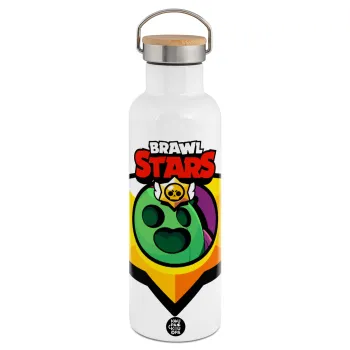 Brawl Stars Spike, Stainless steel White with wooden lid (bamboo), double wall, 750ml