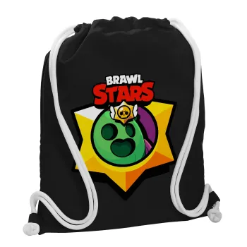 Brawl Stars Spike, Τσάντα πλάτης πουγκί GYMBAG Μαύρη, με τσέπη (40x48cm) & χονδρά λευκά κορδόνια