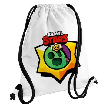Brawl Stars Spike, Backpack pouch GYMBAG white, with pocket (40x48cm) & thick cords