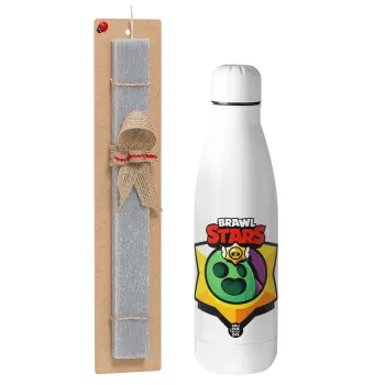 Brawl Stars Spike, Easter Set, metallic stainless thermos bottle (500ml) & scented flat Easter candle (30cm) (GRAY)