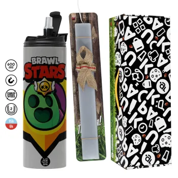 Brawl Stars Spike, Easter candle with Grey Tumbler Thermo 600ml & aromatic flat candle (30cm) (GREY)