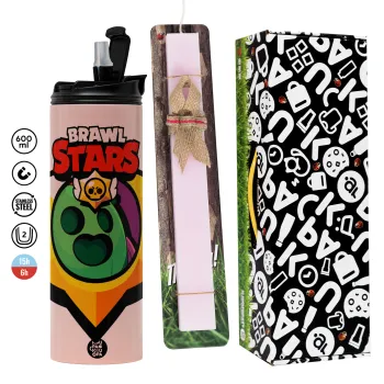 Brawl Stars Spike, Easter candle,Travel Tumbler 2 Lids, with metal straw & cleaning brush & aromatic flat candle (30cm) (PINK)
