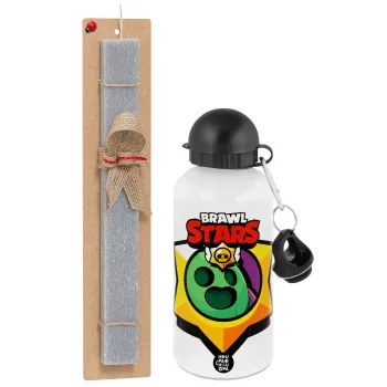 Brawl Stars Spike, Πασχαλινή Λαμπάδα με παγούρι μεταλλικό  αλουμινίου (500ml) & κερί αρωματικό πλακέ (30cm) (ΓΚΡΙ)
