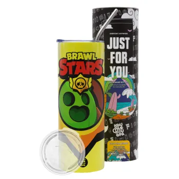 Brawl Stars Spike, Neon Yellow Travel Tumbler θερμό, μεταλλικό καλαμάκι(Ανωξείδωτο 304 Food grade, BPA free, 600ml)