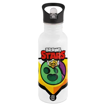 Brawl Stars Spike, White water bottle with straw, stainless steel 600ml