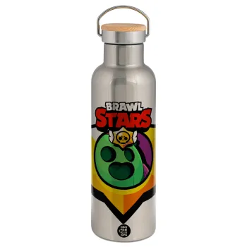 Brawl Stars Spike, Μεταλλικό παγούρι θερμός (Stainless steel) Ασημένιο με ξύλινο καπακι (bamboo), διπλού τοιχώματος, 750ml