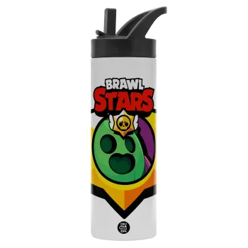 Brawl Stars Spike, Μεταλλικό παγούρι θερμός με καλαμάκι & χειρολαβή, ανοξείδωτο ατσάλι (Stainless steel 304), διπλού τοιχώματος, 600ml
