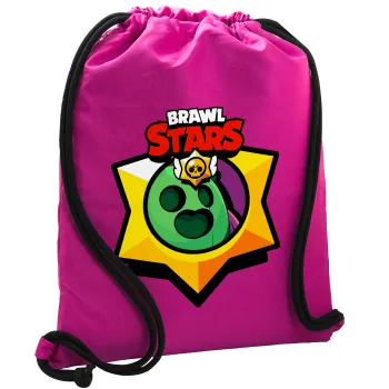 Brawl Stars Spike, Τσάντα πλάτης πουγκί GYMBAG Φούξια, με τσέπη (40x48cm) & χονδρά κορδόνια