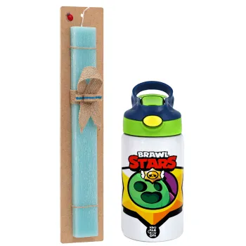 Brawl Stars Spike, Easter Set, Children's thermal stainless steel bottle with safety straw, green/blue (350ml) & aromatic flat Easter candle (30cm) (TURQUOISE)