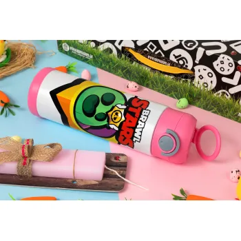 Brawl Stars Spike, Πασχαλινή Λαμπάδα με Παιδικό παγούρι θερμό, ανοξείδωτο, με καλαμάκι ασφαλείας, ΡΟΖ (500ml)