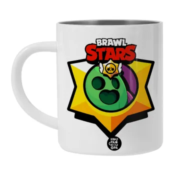 Brawl Stars Spike, Λευκή Ανοξείδωτη Μεταλλική Κούπα 450ml - Διπλού Τοιχώματος 