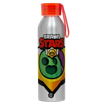 Brawl Stars Spike, Αλουμινένιο Αθλητικό Μπουκάλι 650ml – Ασημί με Κόκκινο Καπάκι και Λουράκι Σιλικόνης