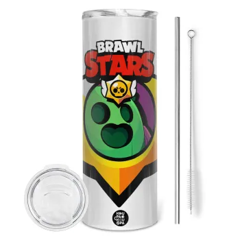 Brawl Stars Spike, Tumbler ποτήρι θερμό από ανοξείδωτο ατσάλι 600ml, με μεταλλικό καλαμάκι & βούρτσα καθαρισμού
