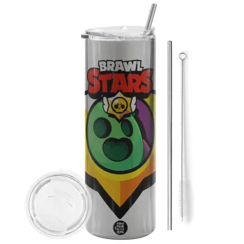 Brawl Stars Spike, Tumbler stainless steel Silver 600ml, with metal straw & cleaning brush