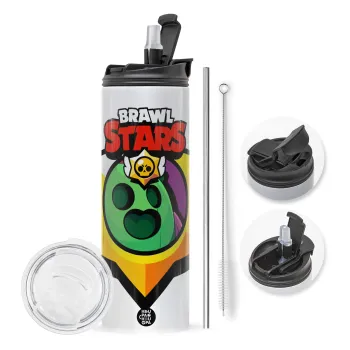 Brawl Stars Spike, Travel Tumbler θερμό με διπλό καπάκι, μεταλλικό καλαμάκι και βούρτσα καθαρισμού (Ανωξείδωτο 304 Food grade, BPA free, 600ml)