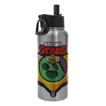 Brawl Stars Spike, Metal mug thermo Silver with Straw and Spout Lid (Stainless steel), double wall, 950ml