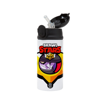 Brawl Stars Mortis, Children's hot water bottle, stainless steel, with safety straw, Black (360ml) BPA-FREE