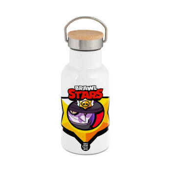 Brawl Stars Mortis, Μεταλλικό παγούρι θερμός (Stainless steel) Λευκό με ξύλινο καπακι (bamboo), διπλού τοιχώματος, 350ml