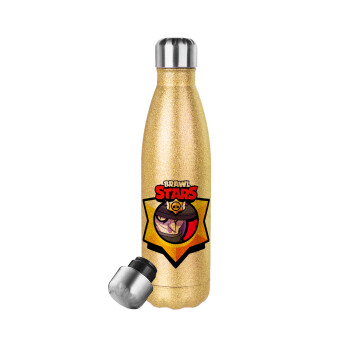 Brawl Stars Mortis, Μεταλλικό παγούρι θερμός Glitter χρυσό (Stainless steel), διπλού τοιχώματος, 500ml