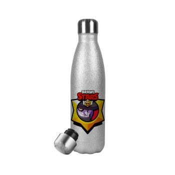 Brawl Stars Mortis, Μεταλλικό παγούρι θερμός Glitter Aσημένιο (Stainless steel), διπλού τοιχώματος, 500ml