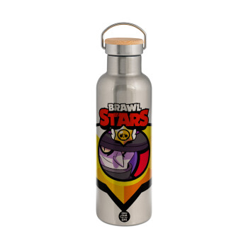 Brawl Stars Mortis, Μεταλλικό παγούρι θερμός (Stainless steel) Ασημένιο με ξύλινο καπακι (bamboo), διπλού τοιχώματος, 750ml