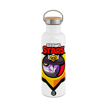 Brawl Stars Mortis, Μεταλλικό παγούρι θερμός (Stainless steel) Λευκό με ξύλινο καπάκι (bamboo), διπλού τοιχώματος, 750ml