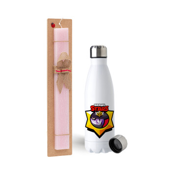 Brawl Stars Mortis, Πασχαλινή Λαμπάδα με μεταλλικό παγούρι ανοξείδωτο (750ml) & κερί αρωματικό πλακέ (30cm) (ΡΟΖ)