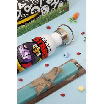 Brawl Stars Mortis, Easter Set, metallic silver aluminum water bottle (500ml) & scented flat Easter candle (30cm) (TURQUOISE)