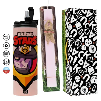 Brawl Stars Mortis, Easter candle,Travel Tumbler 2 Lids, with metal straw & cleaning brush & aromatic flat candle (30cm) (PINK)