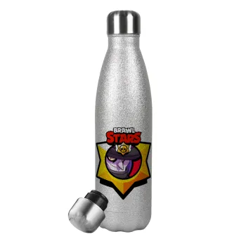 Brawl Stars Mortis, Μεταλλικό παγούρι θερμός Glitter Aσημένιο (Stainless steel), διπλού τοιχώματος, 500ml