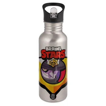 Brawl Stars Mortis, Water bottle Silver with straw, stainless steel 600ml
